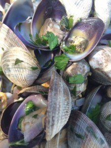 Clams, white wine, onions, parsley.